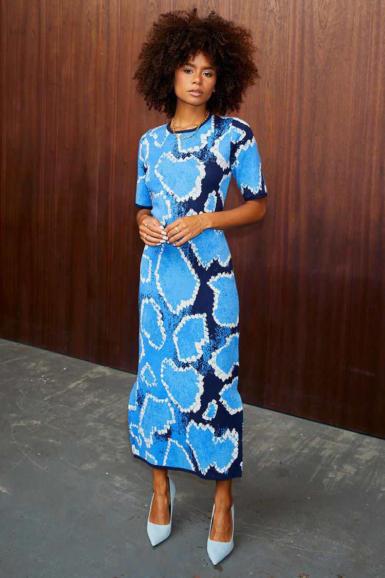 Blue animal print outlet midi dress