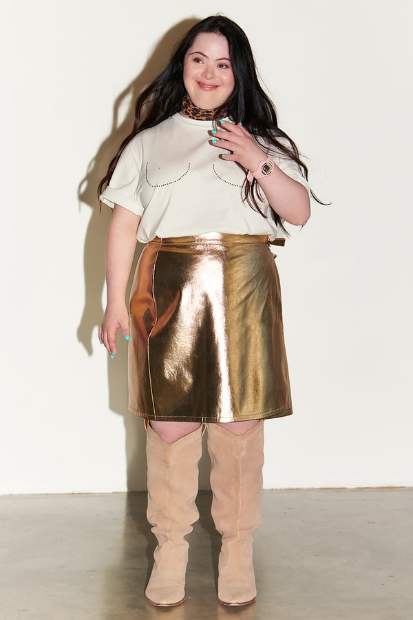 Gold Vegan Leather Mini Wrap skirt – Never Fully Dressed