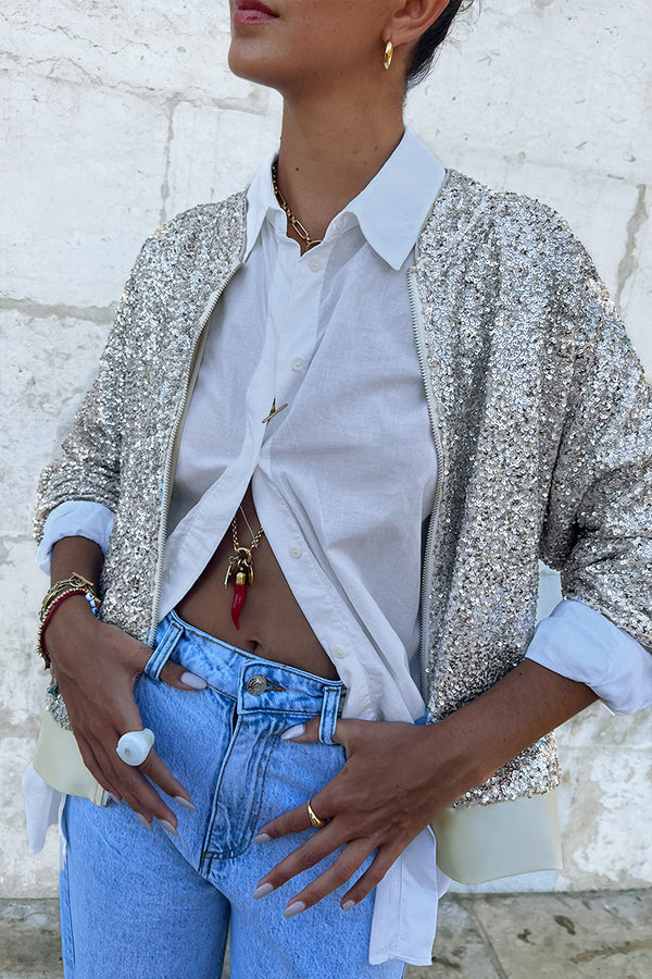 Silver Sequin Bomber Jacket  No Rules Fashion - No Rules Fashion