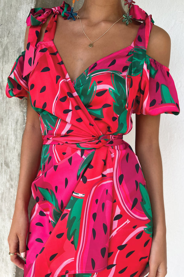 Petite Black Strawberry Print V Neck Tie Front Mini Dress